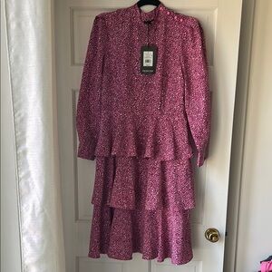 Pink and Black Ruffled Tiered Long Sleeve Dress